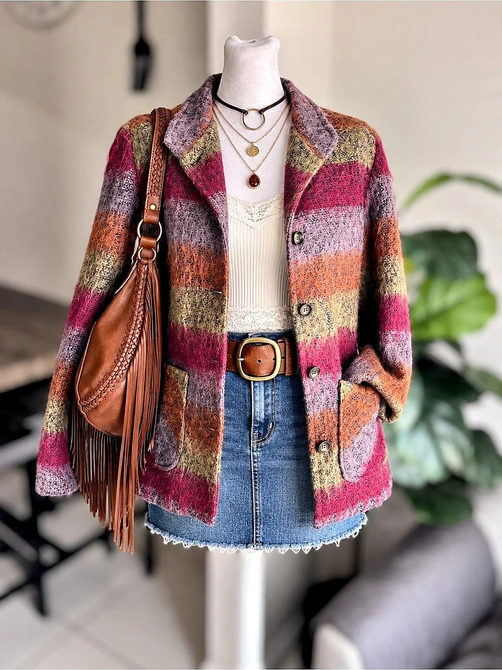 Emotions Women's Size 12 Fuzzy Striped Boho Blazer Jacket